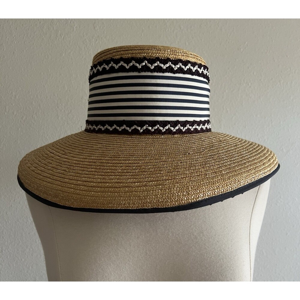 Vintage Women's Straw Boater Hat Wide Brim Blue White Grosgrain Ribbon Bow - Picture 4 of 8